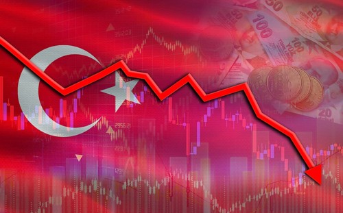 Financial fall of Turkey on economy market. Turkey financial crisis on economic graph