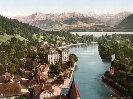 Thun und die Alpen, Berner Oberland, Schweiz, Historic, digitally restored reproduction from a 19th