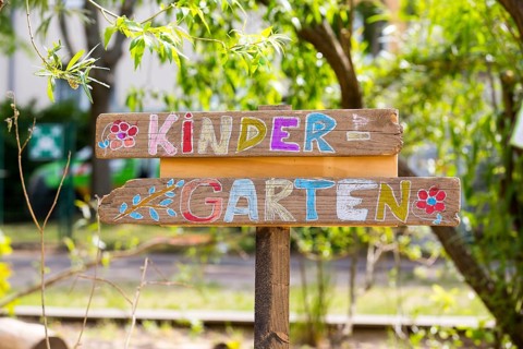 Sign inscribed with coloured chalk, kindergarten, Saxony, Germany