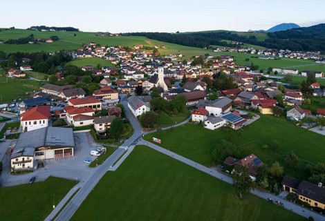Drone image, view of the village with parish church, Anthering, Flachgau, Salzburg province,