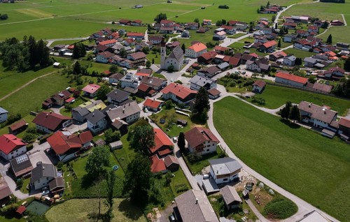Drone image, view of the village with parish church, Wängle, Rettener Becken, Tyrol, Austria