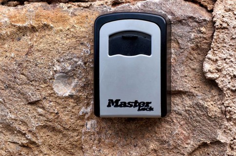Key safe, key safe, on a house wall, artist village Deià, Tramuntana mountains, Serra de