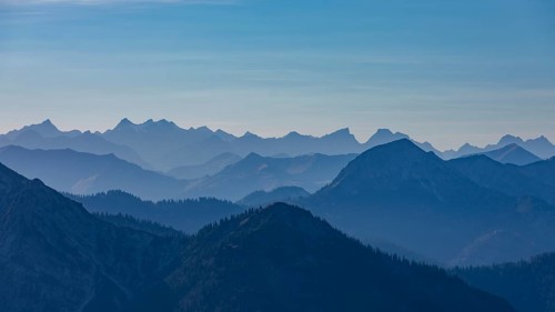 Alpine panorama, silhouette of mountain ranges, Mangfall mountains, Spitzingsee, Upper Bavaria,