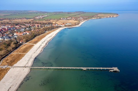Aerial view over pleasure pier at seaside resort Boltenhagen along the Baltic Sea,