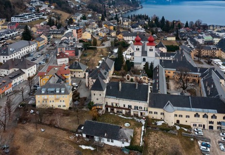 Drone shot, view of the town, Millstatt Abbey, Millstatt, Lake Millstatt, Carinthia, Austria
