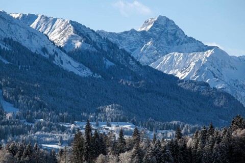 Snow-covered winter landscape, Großer Widderstein in the background, mountains of the Allgäu Alps,
