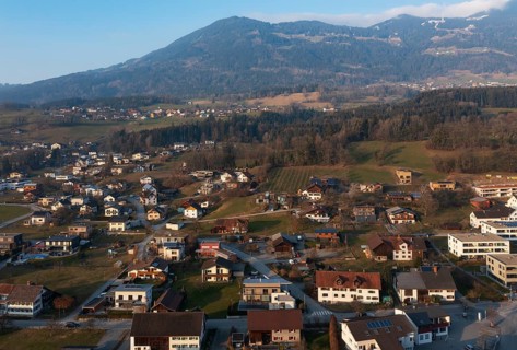 Drone image, residential buildings, residential area, Schlins, Walgau, Vorarlberg, Austria