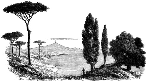Landscape on the Gulf of Naples with a view of the smoking Etna volcano, vegetation from left, pine
