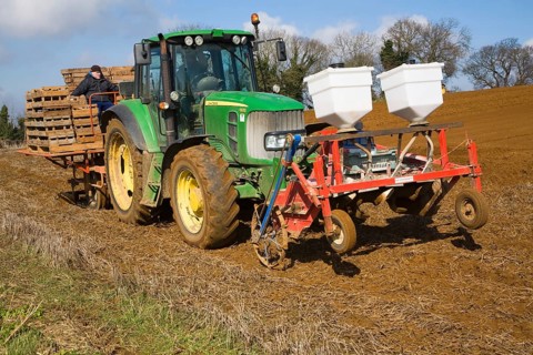 Farm machinery planting a crop of potatoes in a field, Shottisham, Suffolk, England, United Kingdom