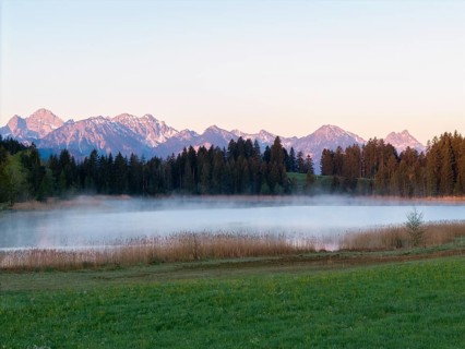 Morning fog hovers over a lake with mountain panorama in the background, Hergratsrieder See, Alps,
