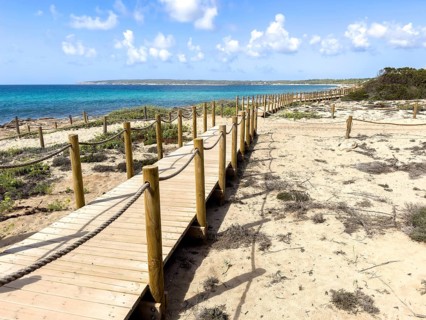 Beach path at Platja Es Arenals, Playa Migjorn, Formentera, Balearic Islands, Spain