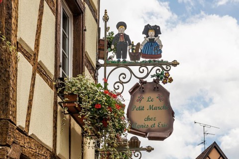 Restaurant sign, Eguisheim, Plus beaux villages de France, Haut-Rhin, Alsace, Alsace, France