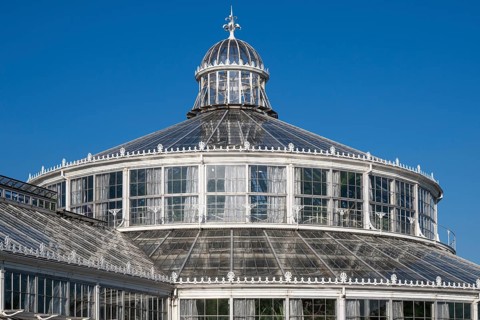 Large historic greenhouse, palm house with glass façade, blue sky, Botanical Garden or Botanisk