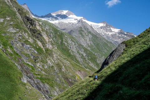 View of Rötspitze, hiker in Umbaltal, Hohe Tauern National Park, East Tyrol, Tyrol, Austria