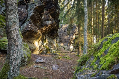 Schwarzer Stein rock formation with Versteinerter Mönch rock formation east of Grünbach in