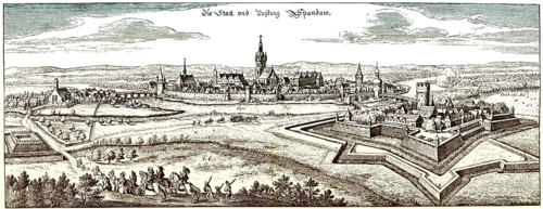 Historische Zeichnung, Stadtansicht mit Zitadelle, Spandau, Berlin, Deutschland, im 17. Jahrhundert