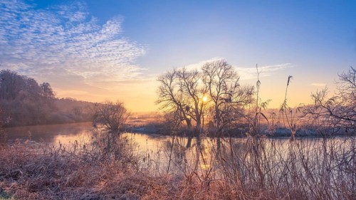 View of the river Leine at sunset, winter, snow, ice, frost, cold, season, cosy, panorama,