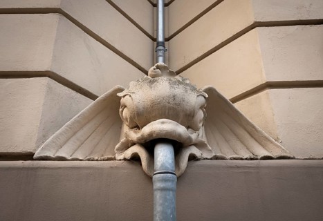 Fish-like creature with a gutter in its mouth, Historic building, Frederiksberg Allé, Copenhagen,