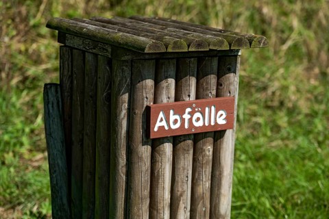 Rustic wooden box for waste, litter bin, waste bin at the summit of Hoherodskopf mountain,