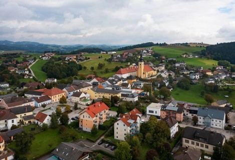Drone image, view of village with parish church, Münzbach, Mühlviertel, Upper Austria, Austria