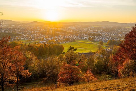 View over the city of Neumarkt from Wolfstein castle ruins at sunset in autumn, Neumarkt in der