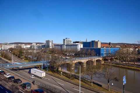 River Saar, streets, motorway exit, pedestrian bridge, trees, general architecture, cars, trucks,