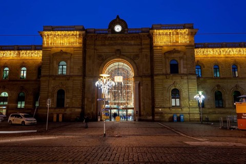 Magdeburg Central Station, decorated for Christmas with fairy lights, Magdeburg, Saxony-Anhalt,