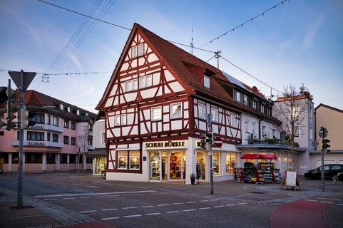 Retail, shoe shop Bürkle, half-timbered house, Schmiden near Fellbach, Baden-Württemberg, Germany