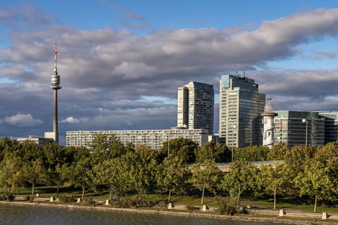 Danube Tower, Danube City and Danube Island in Vienna, Austria
