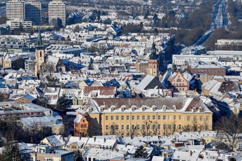 View from the Turmberg to Durlach with town church and town hall, snow, Baden-Württemberg, Germany