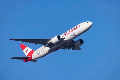 Aircraft climbing after take-off at Fraport Airport. Aircraft registration: OE-LPF, Boeing 777,