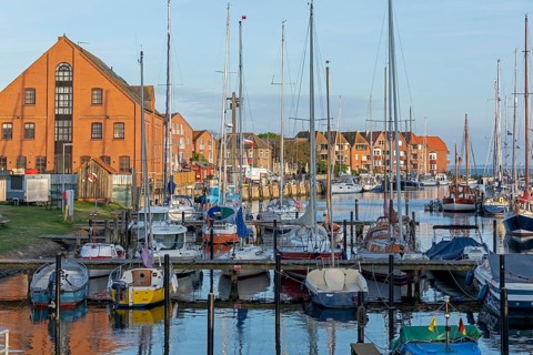 Boats, houses, harbour, Orth, Fehmarn, Schleswig-Holstein, Germany