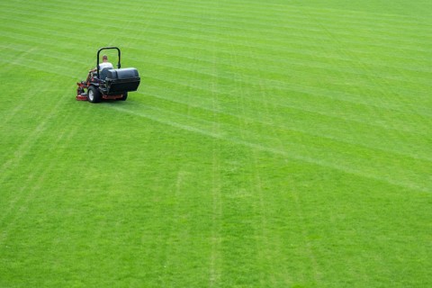 Mowing grass at football pitch in Lubin, Poland