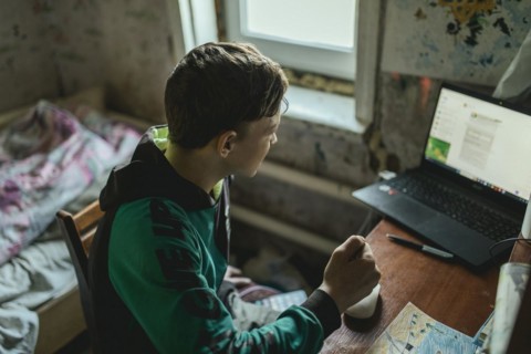 Ihor, 14 years old, homeschooling in the village of Borshchivka, which was occupied by the Russian