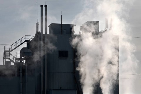 Industry with exhaust fumes on the Rhine-Herne Canal in Castrop-Rauxel, Ruhr area, North