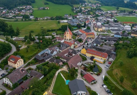 Drone image, view of the village, Waldhausen im Strudengau, Mühlviertel, Upper Austria, Austria