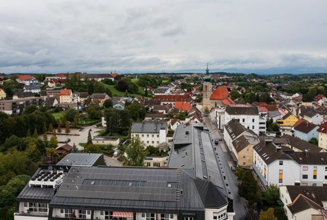 Drone image, view of village with parish church, Sierning, Traunviertel, Upper Austria, Austria