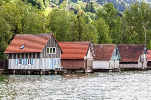 Boathouses in Bühl, Großer Alpsee, near Immenstadt, Oberallgäu, Allgäu, Bavaria, Germany