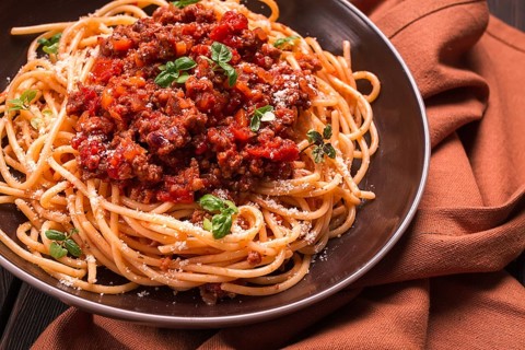 Spaghetti Bolognese, top view, close-up, no people, homemade