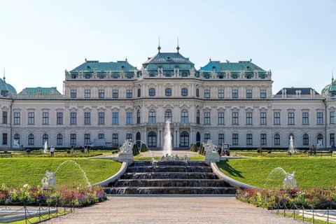 Palace gardens and the Upper Belvedere Palace in Vienna, Austria