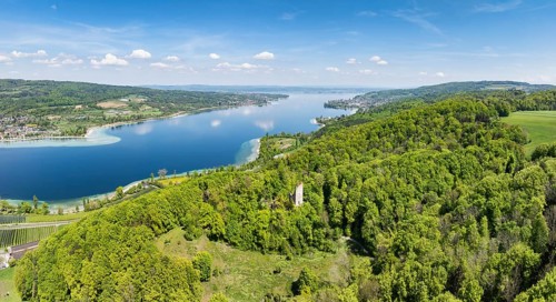 Aerial view, panorama of the Neuburg ruins, historical sight above Lake Constance, Untersee, Lake