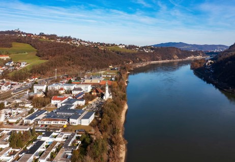 Drone image, housing estate, apartment blocks and high-rise estate, Puchenau, Linz Land district,