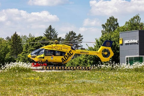 ADAC Luftrettung rescue helicopter Christoph 22 at the Bundeswehrkrankenhaus Ulm (BWK) . Ulm,