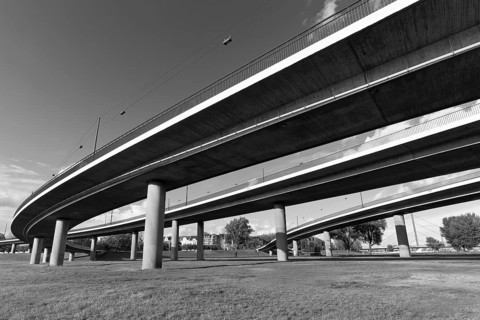 Curved ramp bridges, approach to the Rheinknie Bridge, cable-stayed bridge from 1965, Düsseldorf,