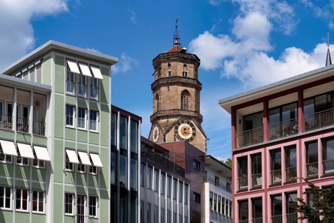 Market square, behind it the west tower of the collegiate church, Stuttgart, Baden-Württemberg,