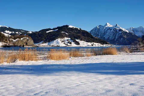 Frozen Sihlsee, reservoir, behind the snow-covered mountains Flübrig and Druesberg, Euthal, Canton