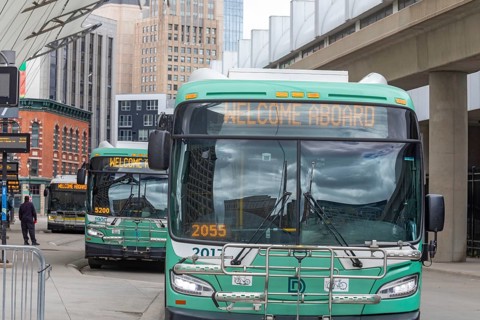Detroit, Michigan - Detroit City Buses are parked at the Rosa Parks Transit Center, the city's main