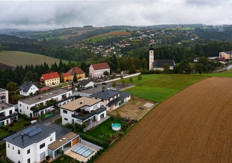 Drone image, residential buildings, view of village with church, Brunnenthal, Innviertel, Upper