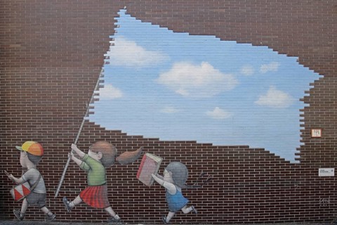 Mural Skipping School by Julien Malland aka SETH, street art, graffiti, school, three running