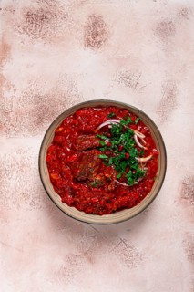 Chashushuli, a traditional Georgian dish, spicy, stewed meat with tomatoes and spices, homemade, no